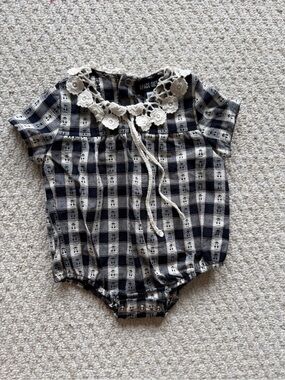 Space Grey Black & Cream Plaid Crochet Collar Baby Romper